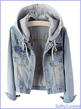 Womens Casual Detachable Hoodie Denim Jacket Cotton Polyester Blend